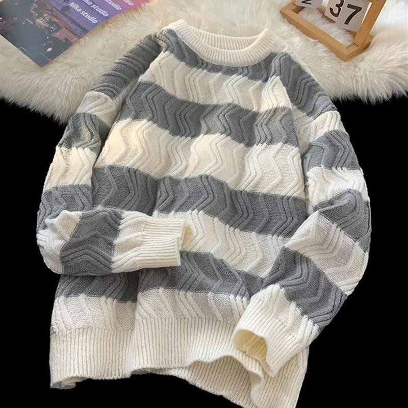 Men's Retro Striped Crew Neck Sweater - Autumn/Winter Loose Fit Knitwear in Plus Size