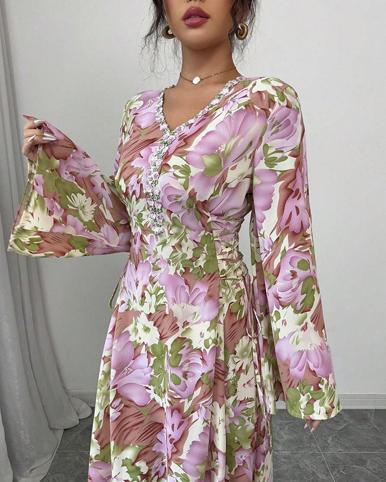 Middle East, Dubai Evening Dress New Fashion Temperament Slim Flared Sleeve V-Neck A-Dress Robe