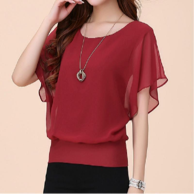 Summer new fashion women's short-sleeved T-shirt, large-size women's thin bat-sleeved chiffon shirt loose top