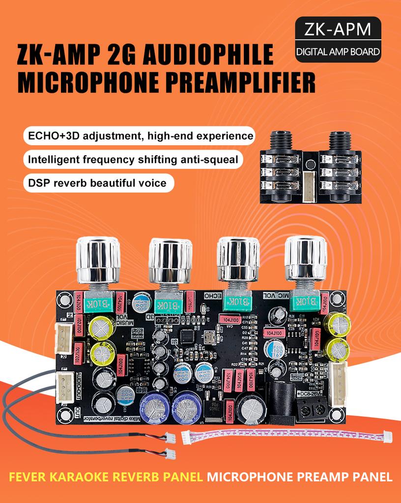 ZK-AMP DSP Karaoke Preamp Board, 8-26VDC Hi-Fi Reverb Mixer With Echo & 3D Effects, Dual 6.35mm Mic Input