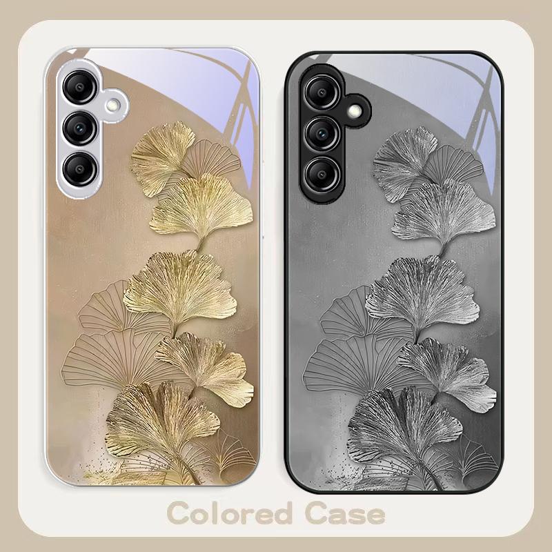 Goldene Ginkgo-Blätter für Samsung Galaxy A01 A02 A03 Core A04 A14 4G A13 54 34 31 20 25 23 22 5G S21 Ultra S20 Glas-Handyhülle