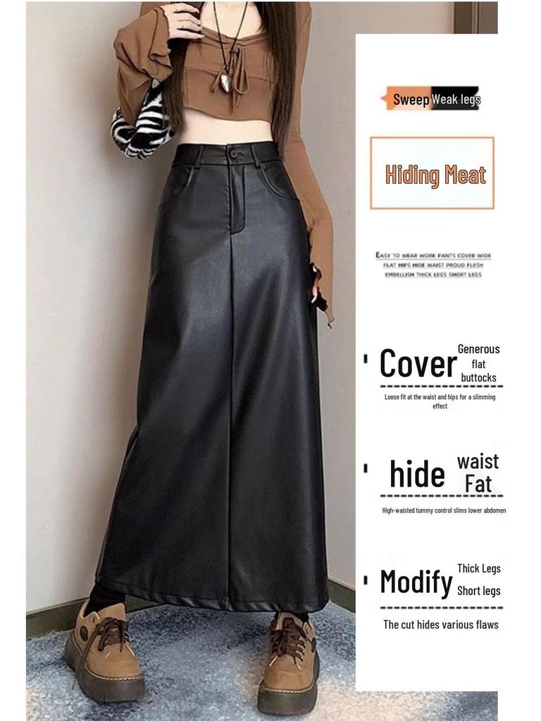 2025 A/W Women's Retro PU Leather Slit A-Line Mid-Length High Waist Skirt