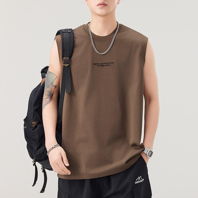 Latest Summer 210g Heavy Printed Vest Mens Comfortable Fit Craned Sleeveless T-shirt Japanese Classic Style