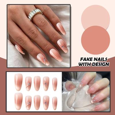 Damen Press-On Nägel Mittellange Falsche Nägel Mit Designs Nude Stick Acryl Nägel Glänzend Vollabdeckung Falsche Nägel