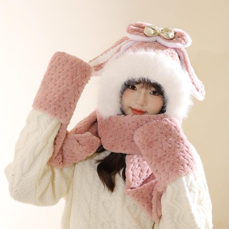 Women's Cozy Fox Ear Plush Hat with Integrated Scarf - Warm, Soft Lei Feng Design for Autumn and Winter. Perfect Ear Protection for Students.