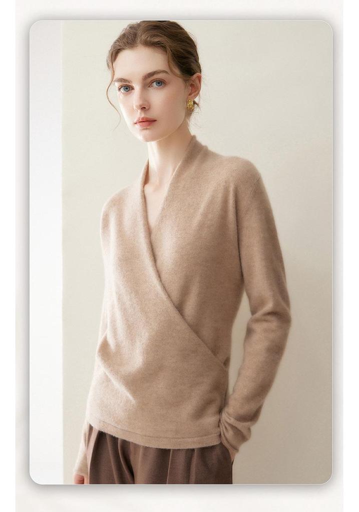 2026 A/W Women’s Slim-Fit V-Neck Cashmere Cross-Neck Kimono Pullover