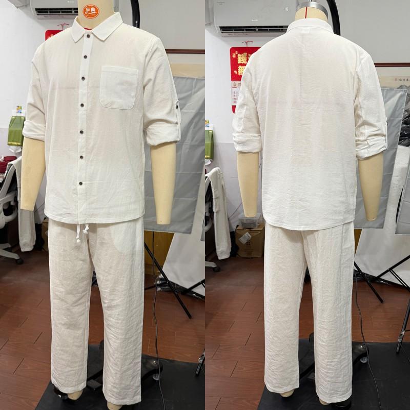 Mens Linen Blend 2-Piece Set Long Sleeve Shirt Straight Leg Pants Casual Vacation Wear