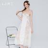 Women's Satin Sheer Lace Padded Cross Back Flutter Sleeve Long Sleep Dress