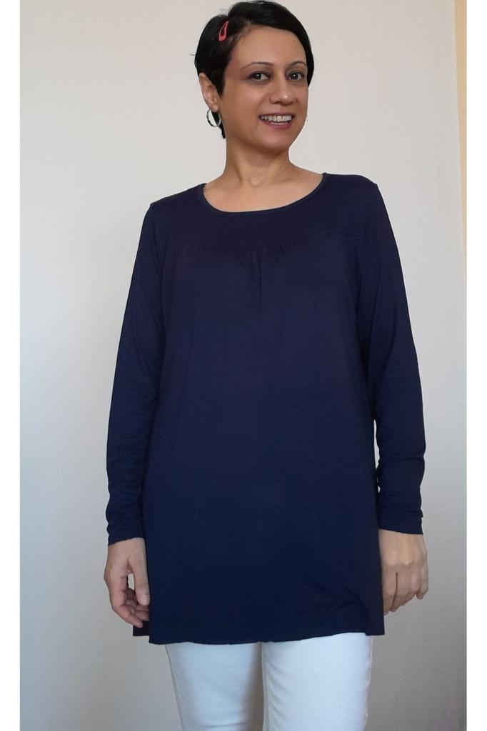 Women's Style Big Size T-Shirt Navy Blue Gathered Combed Cotton Viscose T-Shirt With Cropped Front And Back