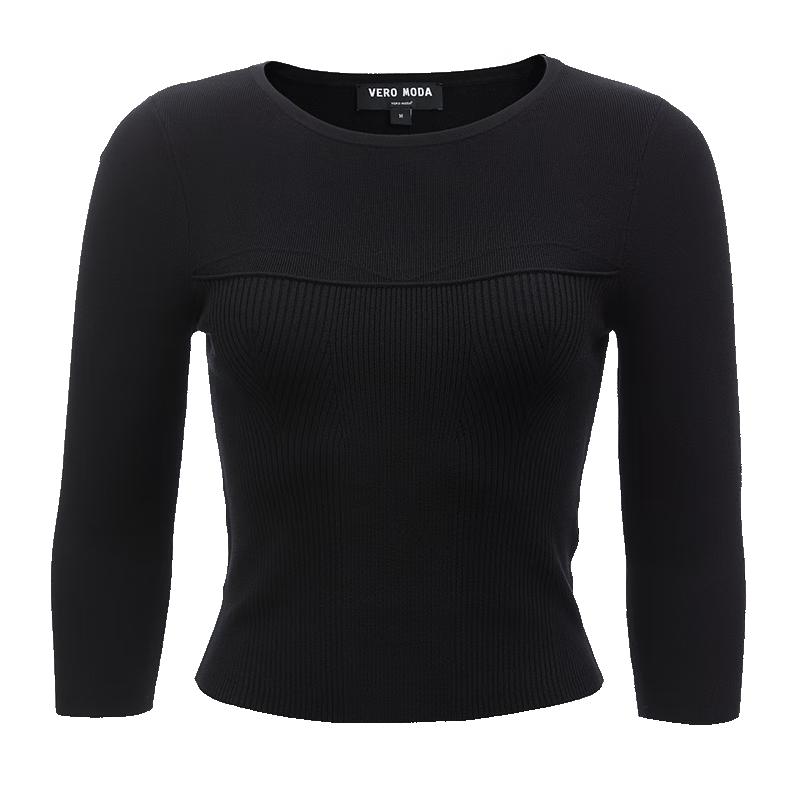 VEROMODA Women's Ribbed Round Neck Seven-Quarter Sleeve Knit Top