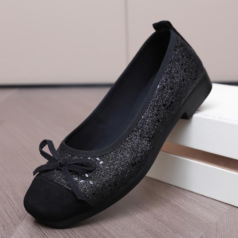 2025 New Women's French-Style Sequined Bow Flats: Square Toe, Shallow Mouth Evening Shoes