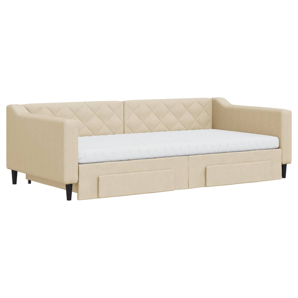 Pull Out Daybed with Drawers Cream 100x200 Cm Fabric