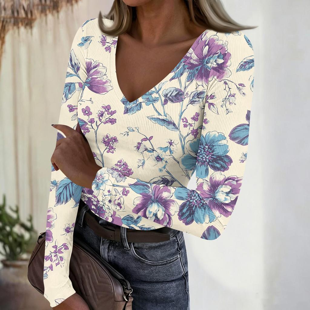 Women's Casual V-Neck Floral Print Long Sleeve Ribbed Top for Everyday Wear