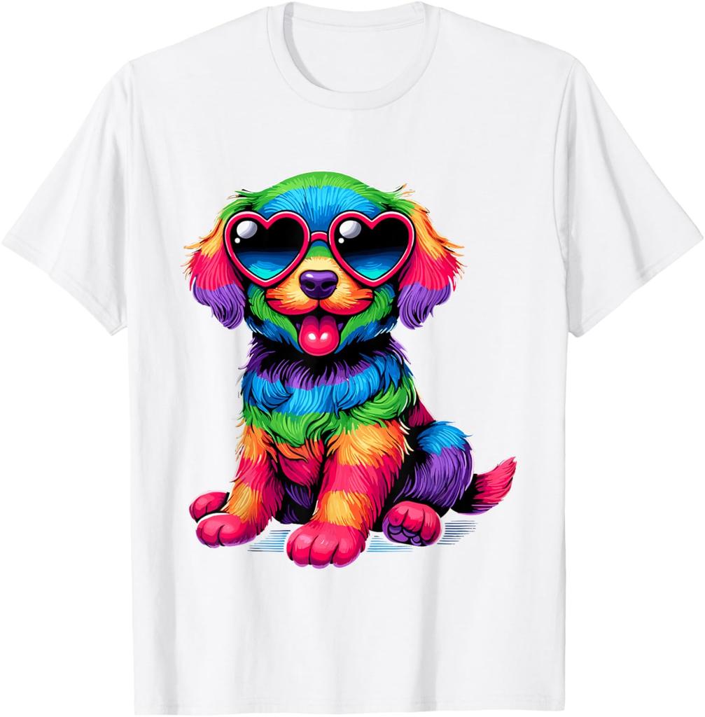 Rainbow Furry Dog With Heart Sunglasses Graphic Print Cotton T-Shirt Casual Trip Wear