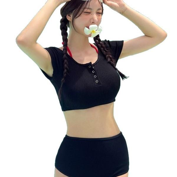 1011 Swimsuit Women's Short Sleeve Blouse Three-point Bikini Three-piece Neck Gathering Beach Vacation Swimsuit