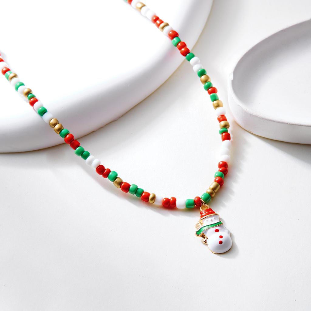 1-Piece Snowman Seed Bead Necklace, Colorful Festive Snowman Pendant Jewelry, Cute Seed Bead Necklace for Women, Suitable for Ch