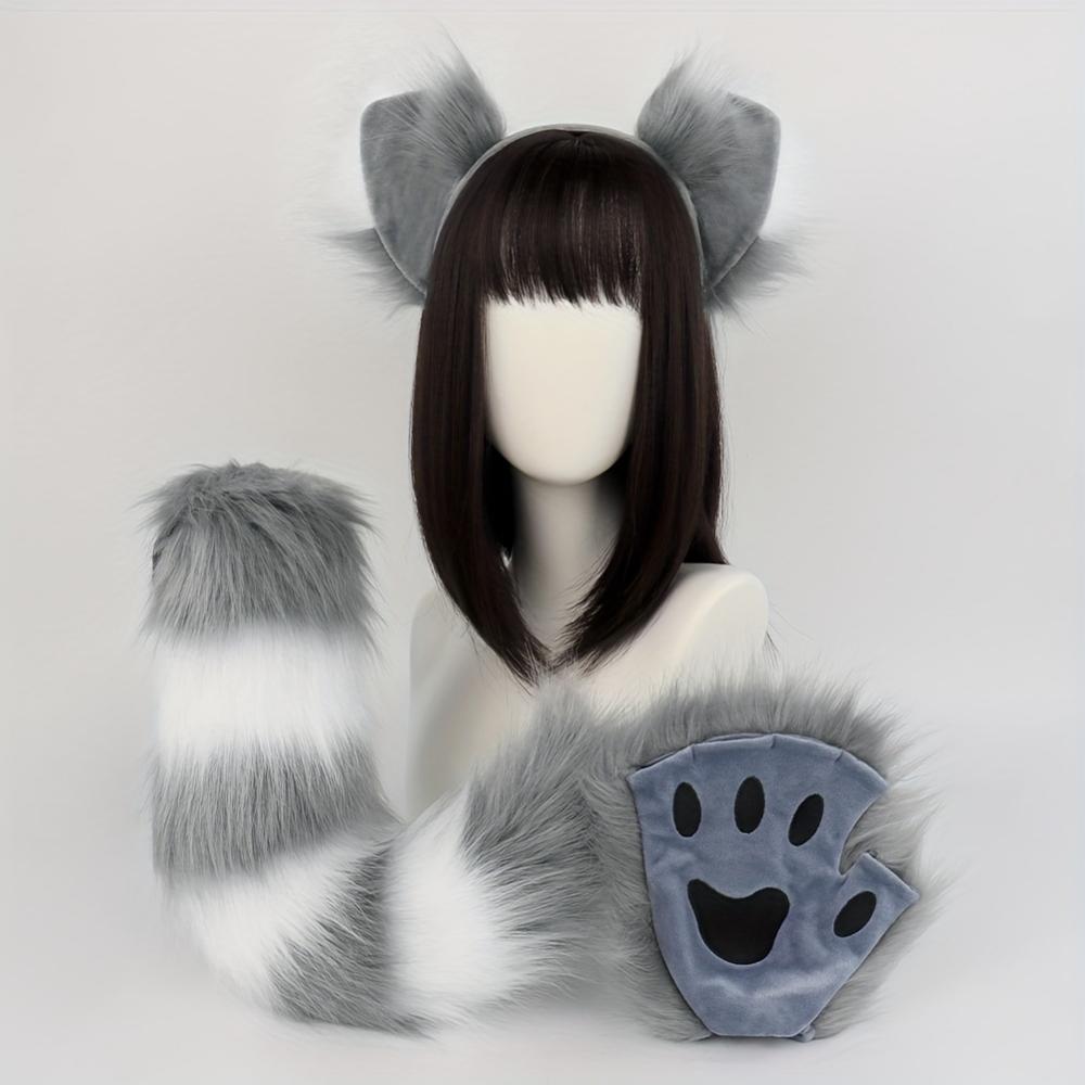 3-Pack Anime Cosplay Fox Ear Headbands, Fluffy Tail and Paw Gloves, Cute Faux Fur Animal Costume Accessories for Halloween Parties