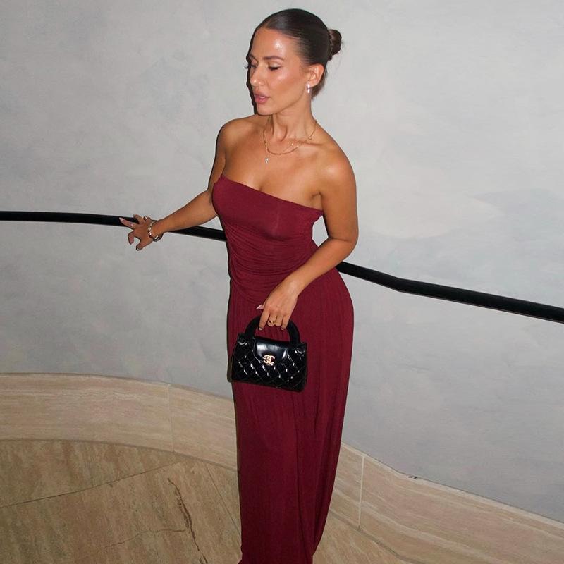 Abito Maxi Donna Senza Spalline a Tubo Vita Arricciata Colore Unico Svasato Lunghezza Pavimento Estivo Casual Vacanza al Mare Abito Lungo