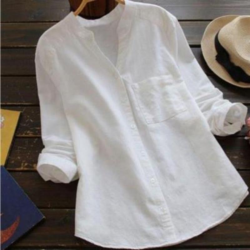 2025 Spring Women's V-Neck Cotton Linen Shirt - Long Sleeve, Loose, Plus Size, Trendy Cut Label