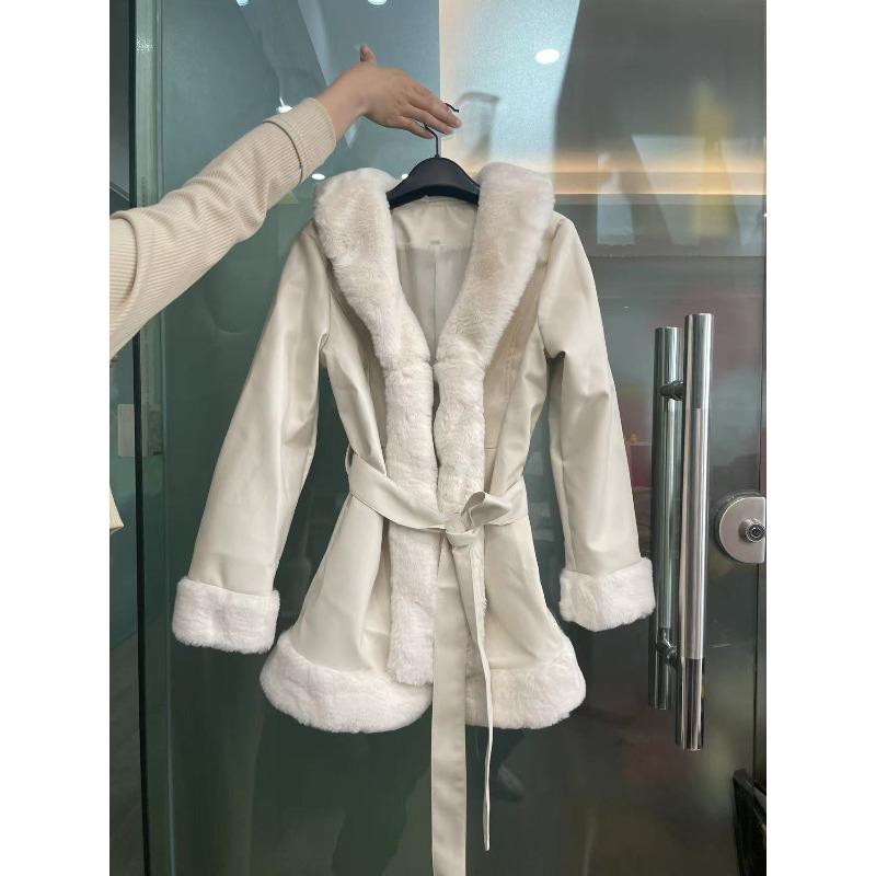 Chaqueta de Cuero PU de Otoño e Invierno para Mujer con Cuello Grande de Piel, Cintura con Cordones, Empalme, Ajuste Slim, Manga Larga