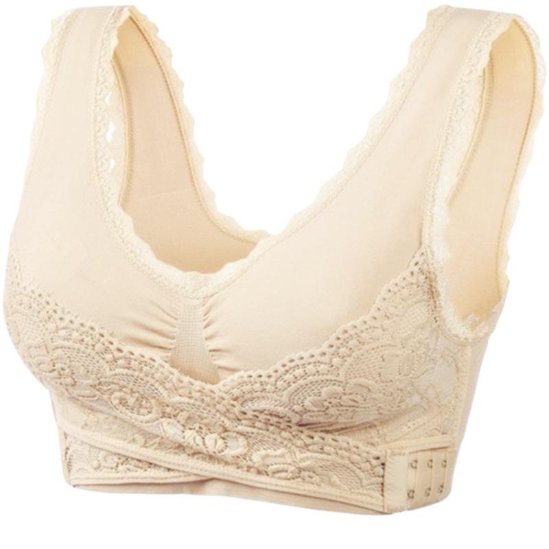 Bezdrátová sportovní podprsenka se zapínáním vpředu a krajkovým lemem - Push-up podpora pro jógu a běh