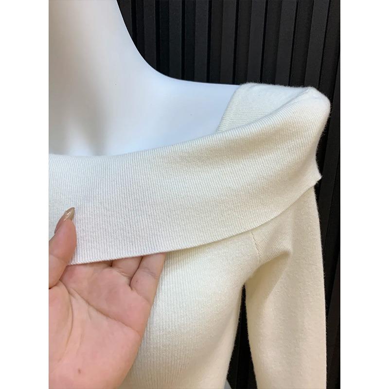 Temperament One-word Shoulder High-end Knitted Bottoming Shirt Women's Spring Slim-fit Spice Girl Long-sleeved Top Lazy Sweater
