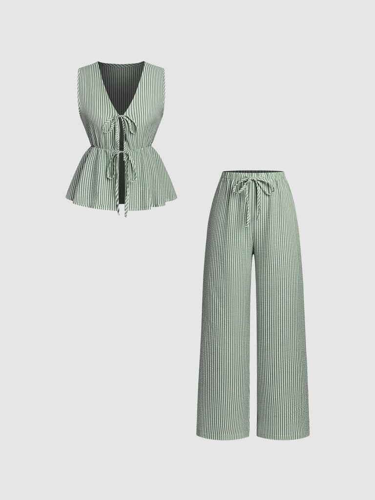 Summer Striped Casual Set: Color Block Vest & Solid Long Pants