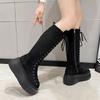 Fashion Side Zipper 8 Cm Platform Women Boots Knee High Motorcycle Boots Black Lace Up Long Boots Suede Leather Autumn Winter Shoes