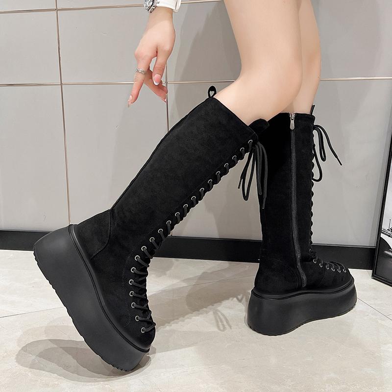 Fashion Side Zipper 8 Cm Platform Women Boots Knee High Motorcycle Boots Black Lace Up Long Boots Suede Leather Autumn Winter Shoes