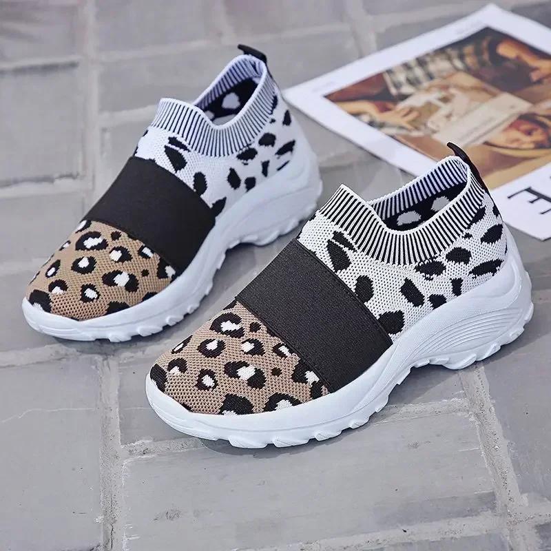Men Women Summer Sports Sneakers Breathable Leopard print Sneaker Walking Fitness Sport Shoes Chunky Platform Height Increasing Loafers Elastic Tra...