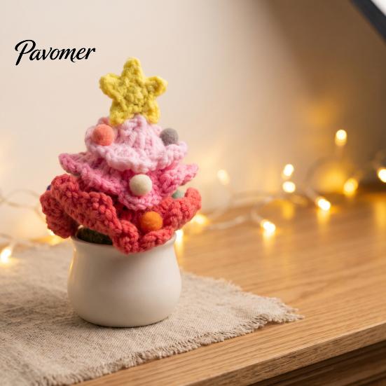 Handcrafted Holiday Desktop Ornaments Hand Crochet Potted Christmas Tree, Creative Knitted Plant, Mini Handmade Wool Decorations Cute Home