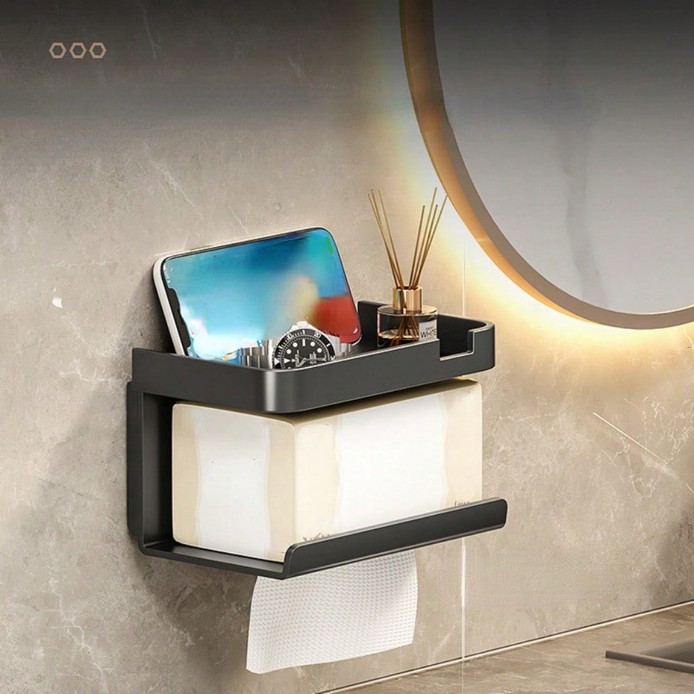 Wall-Mounted Toilet Paper Storage Rack Punch-Free Adhesive Tissue Box Mobile Phone Holder Dual-Purpose Organizer For Bathroom