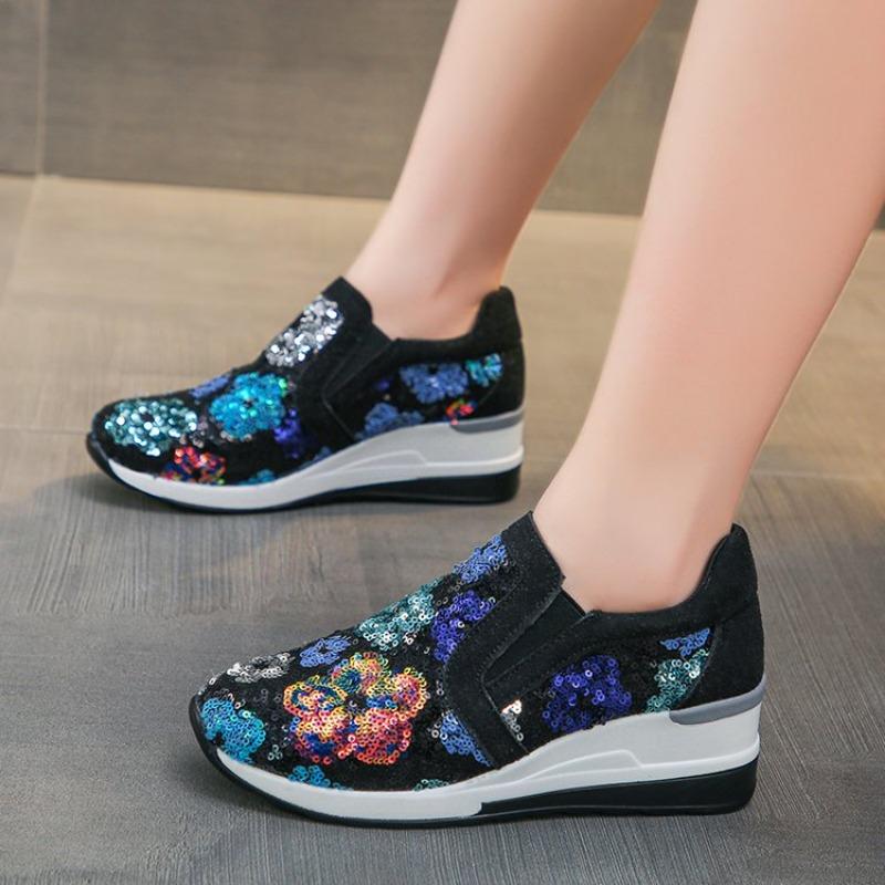 

Fashion Women s Wedge Sneakers 2025 Spring Autumn Versatile Casual Sequin Design Breathable Casual Thick Sole Women s Vulcanized Shoes 36 чёрный