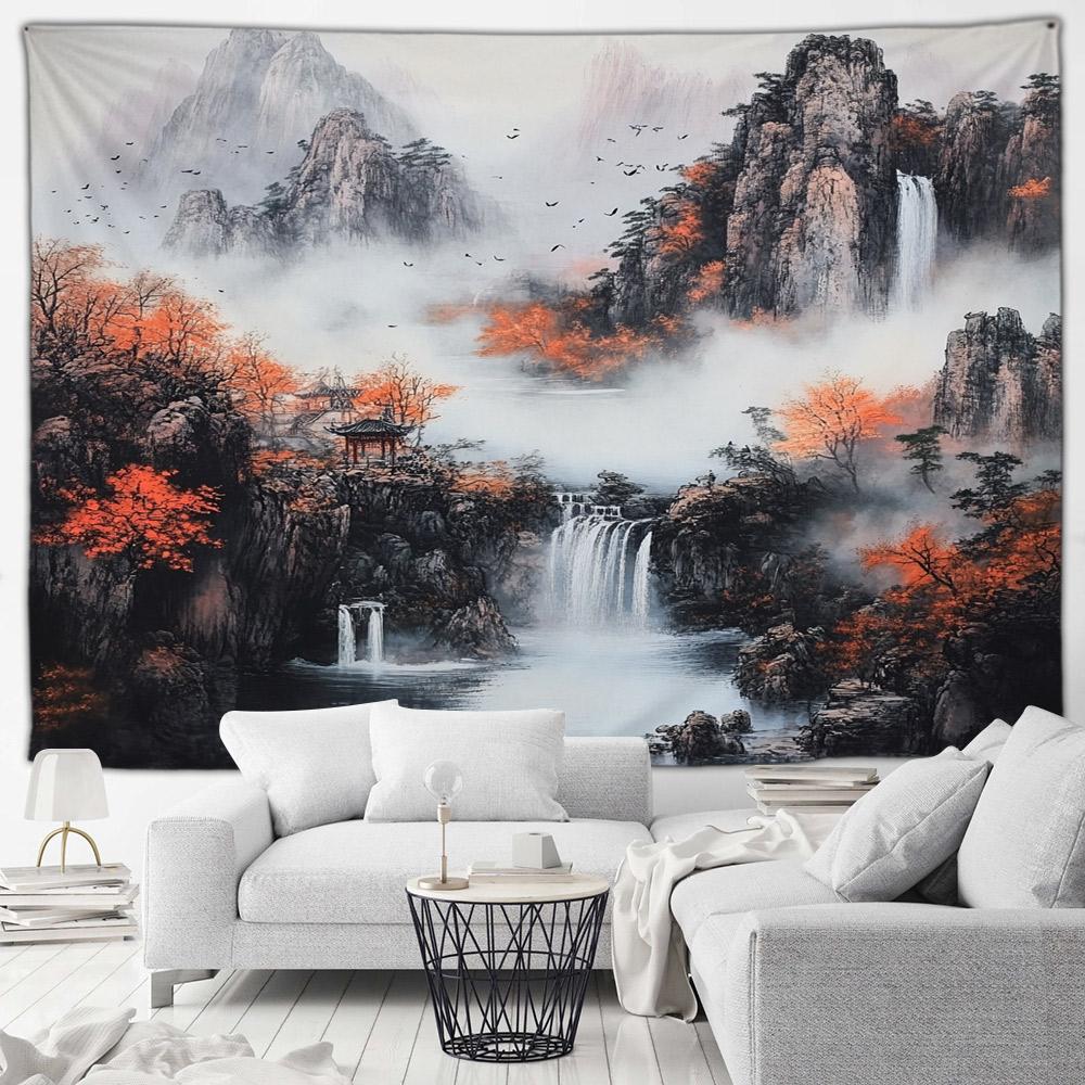 Asian Style Landscape Tapestry Nature Scenery Forest Waterfall Bedroom Living Room Home Wall Hanging Decor Natural Tapestry