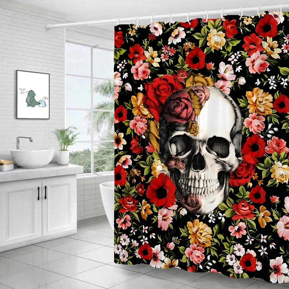 Personality Flowers and Horror Skeleton Skull Shower Curtain Polyster Fabric Home Decor Halloween Bathroom Curtain with Hooks