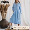 JPNTKY Women's Fashion Spring Autumn Solid Color Print POLO Neck Long Sleeve Casual Dresses