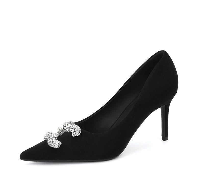 New rhinestone pointed low heel single shoes light mouth metal buckle middle heel soft sole comfortable women's shoes ladyshoes 2025 spring