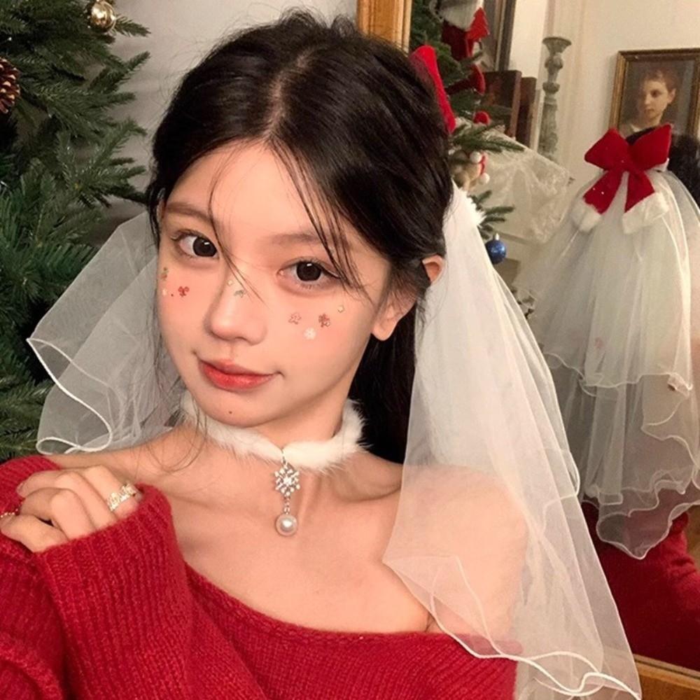 Velvet Christmas Veil Headband Mesh Bow Veil Creative Bridal Tulle Birthday Headdress