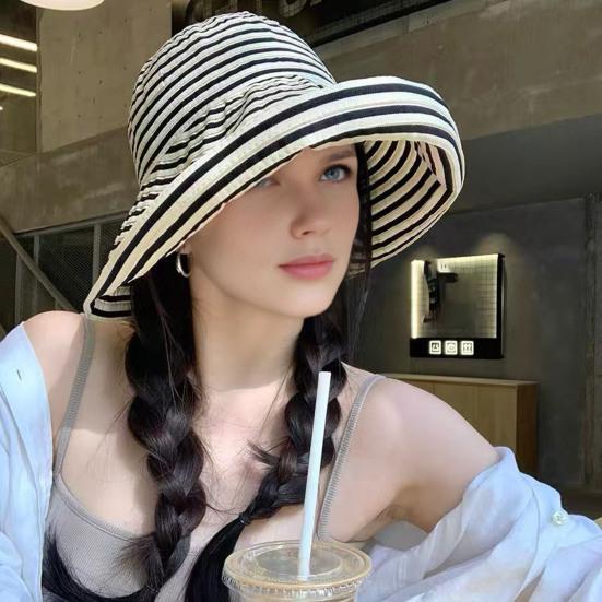 Women Sun Hat Striped Print Wide Brim UV Protection Hat Lightweight Breathable Summer Beach Basin Hat Versatile Accessory