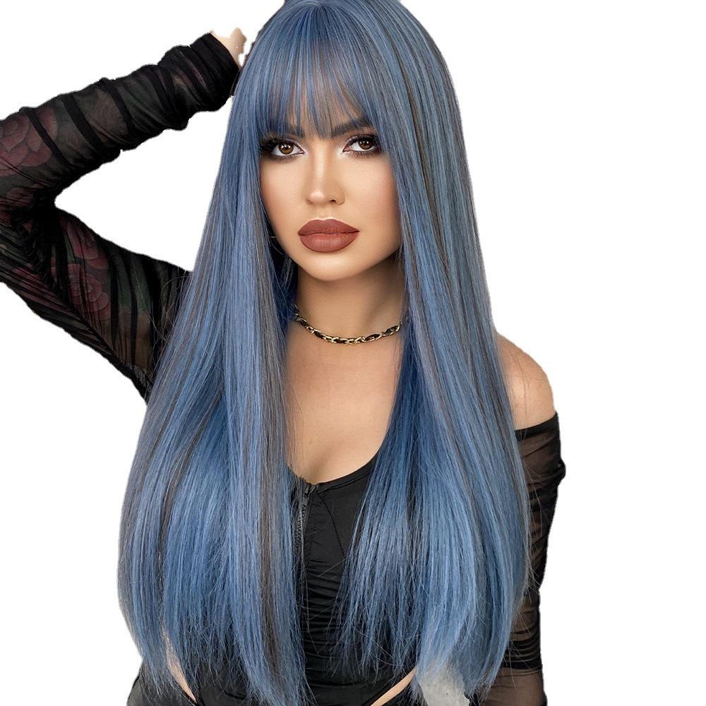 High Quality European American 24 Inch Blue Wig Women With Long Straight Hair Bangs Mermaid Dyed Gray Fiber Full Head Cover