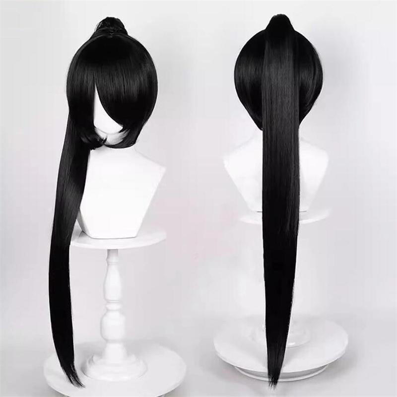 Peruca de cosplay de rabo de cavalo reto de 90 cm, peruca curta de anime, peruca universal multicolorida, resistente ao calor, cabelo sintético + touca