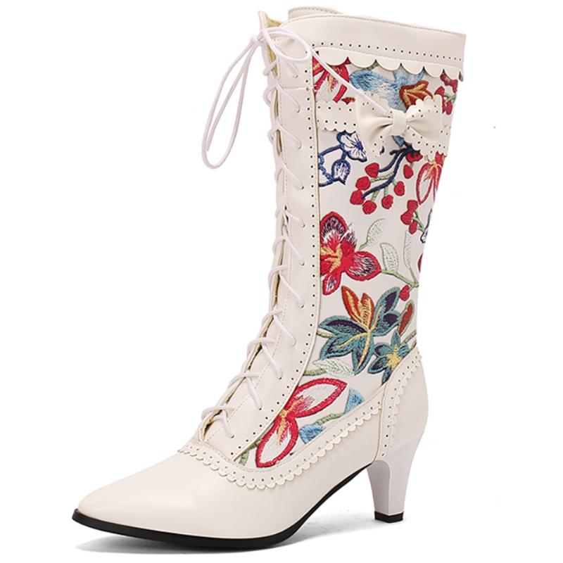 

Осенне-зимние ботинки до середины икры Женская мода Цветок Белый Черный Ботинок Элегантная шнуровка Низкий каблук Вечерняя обувь для девушек Большой размер 45 36 белый