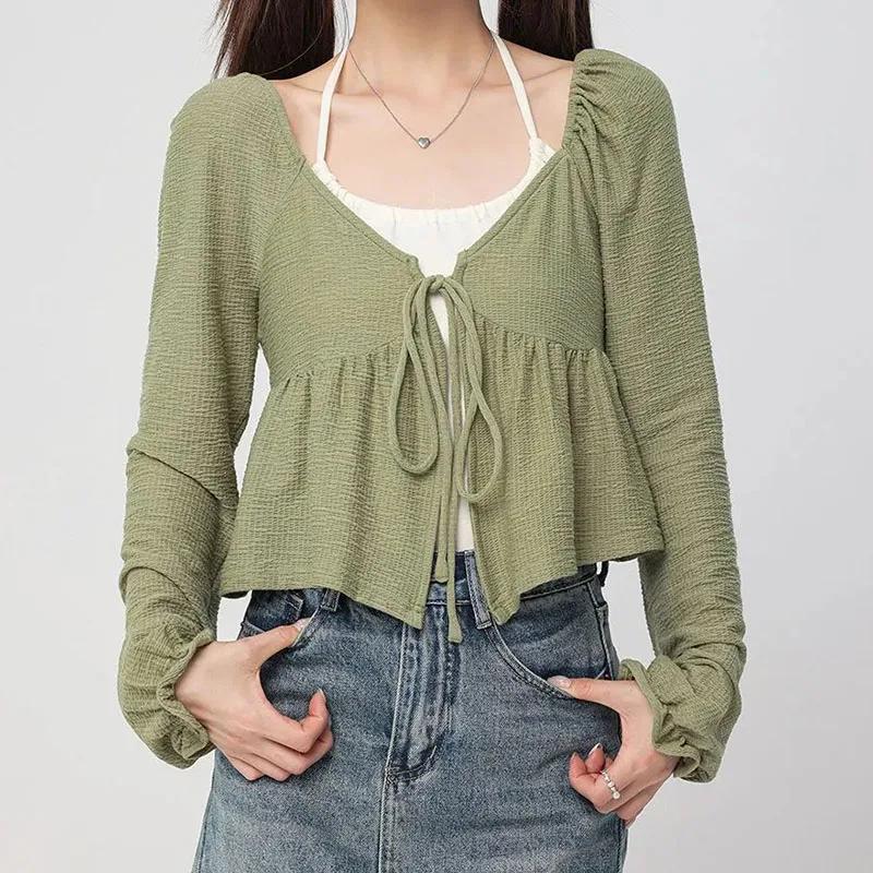 Pure Desire Short Hanging Neck Tank Top Long Sleeve Lace-up Cardigan 2Pcs Set Women Green T-shirt Slim Small Size Korean Fashion