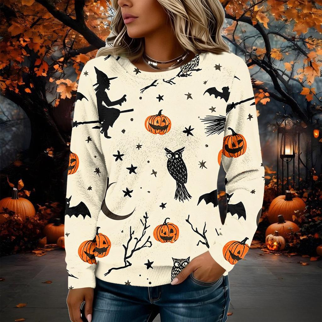Women's Flannel Long Sleeve Top with Halloween Print Neck Pullover Shirt