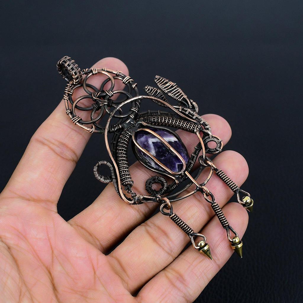Chevron Amethyst Pendant Gemstone Jewelry, 999 Copper Wire Wrapped Pendant, Handmade Antique Jewelry Gift For Mother