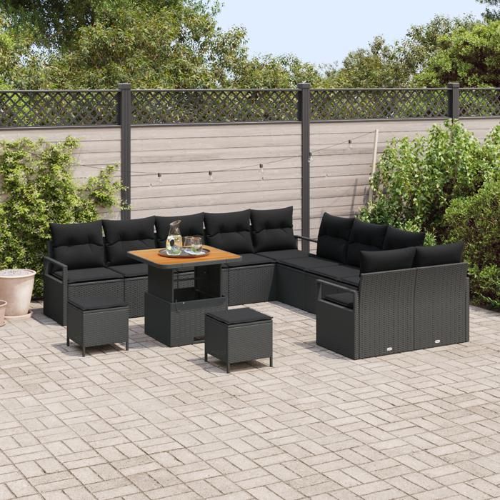 Ensemble de canapés de jardin de 13 pièces avec coussins Noir Poly Rattan Acacia, Canapé de jardin deux places avec coussins 3362579