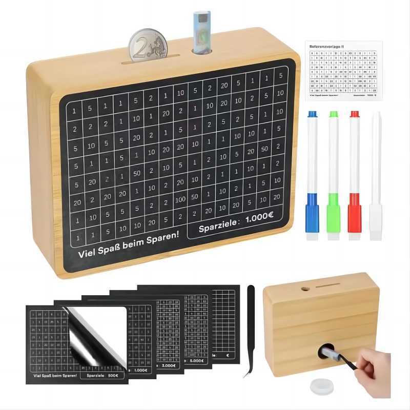 Pușculiță din lemn Cutie de bani reutilizabilă realizată manual, Pușculiță cu obiectiv de economisire și numere de verificat ajută la obiceiul de a economisi