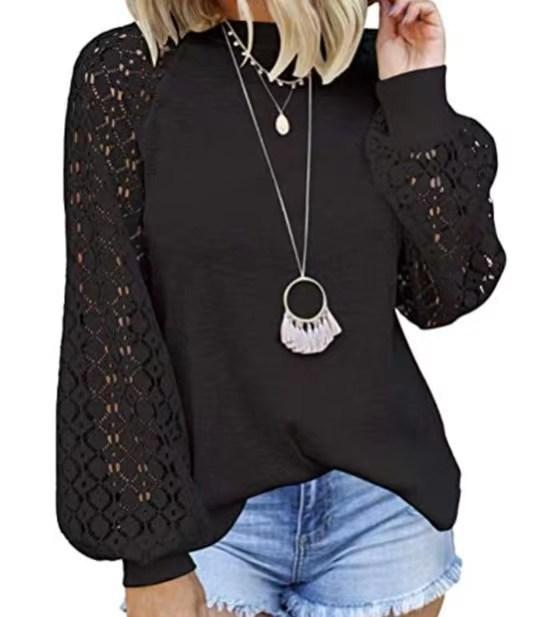 

European and American new round neck long-sleeved lace splicing loose top women 3XL чорний