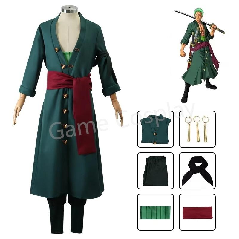 Anime Figurky Roronoa Zoro Cosplay Kostým Uniforma Zelený Kabát Kalhoty Šátek na Hlavu Roronoa Zoro Paruka Náušnice Halloween Pánské Oblečení