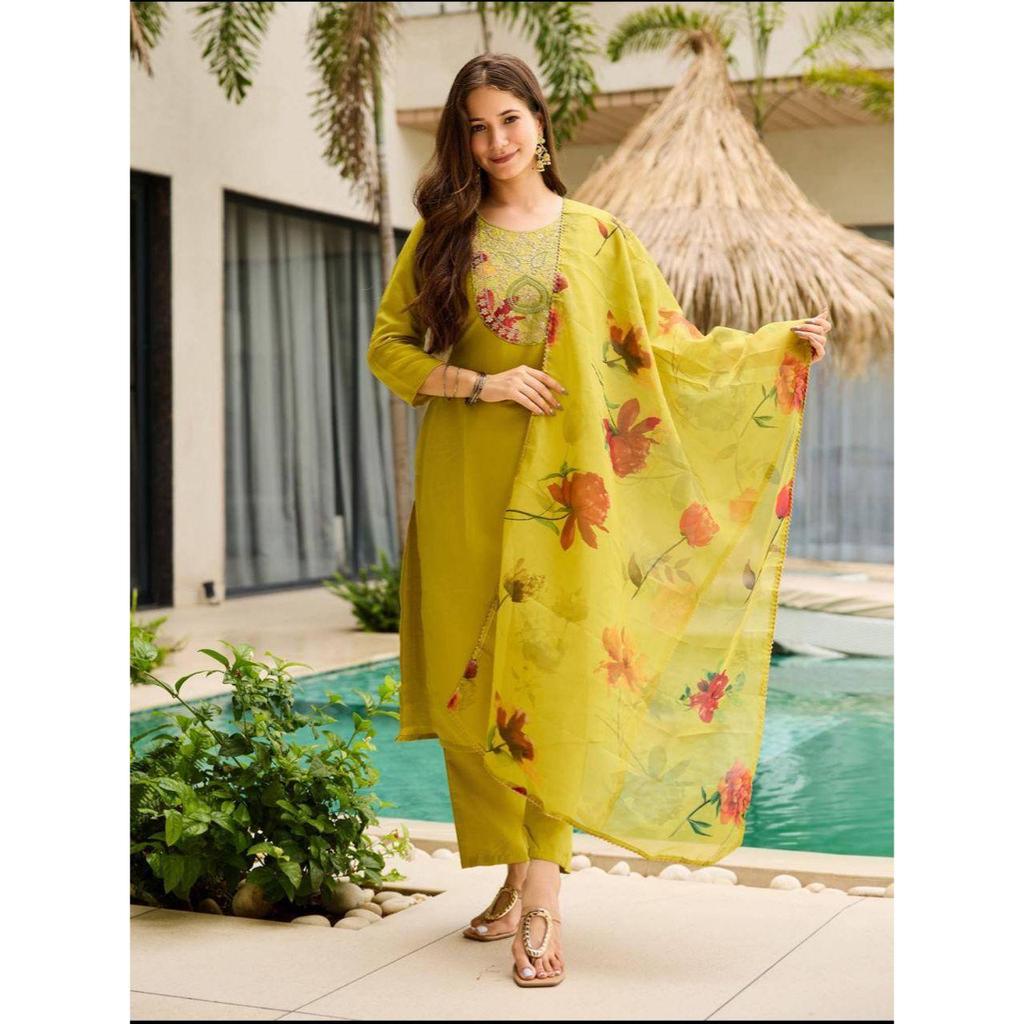 Women's Rayon Embroidered Straight Kurta with Pant And Dupatta Sets